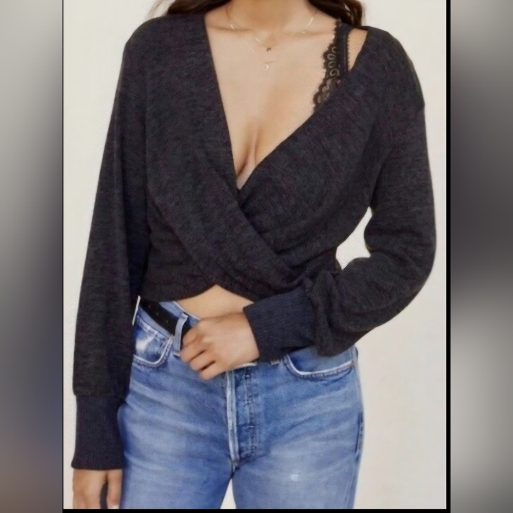 *NWT* Anthropologie Charcoal Gray Twist-Front Cropped Sweater | XL